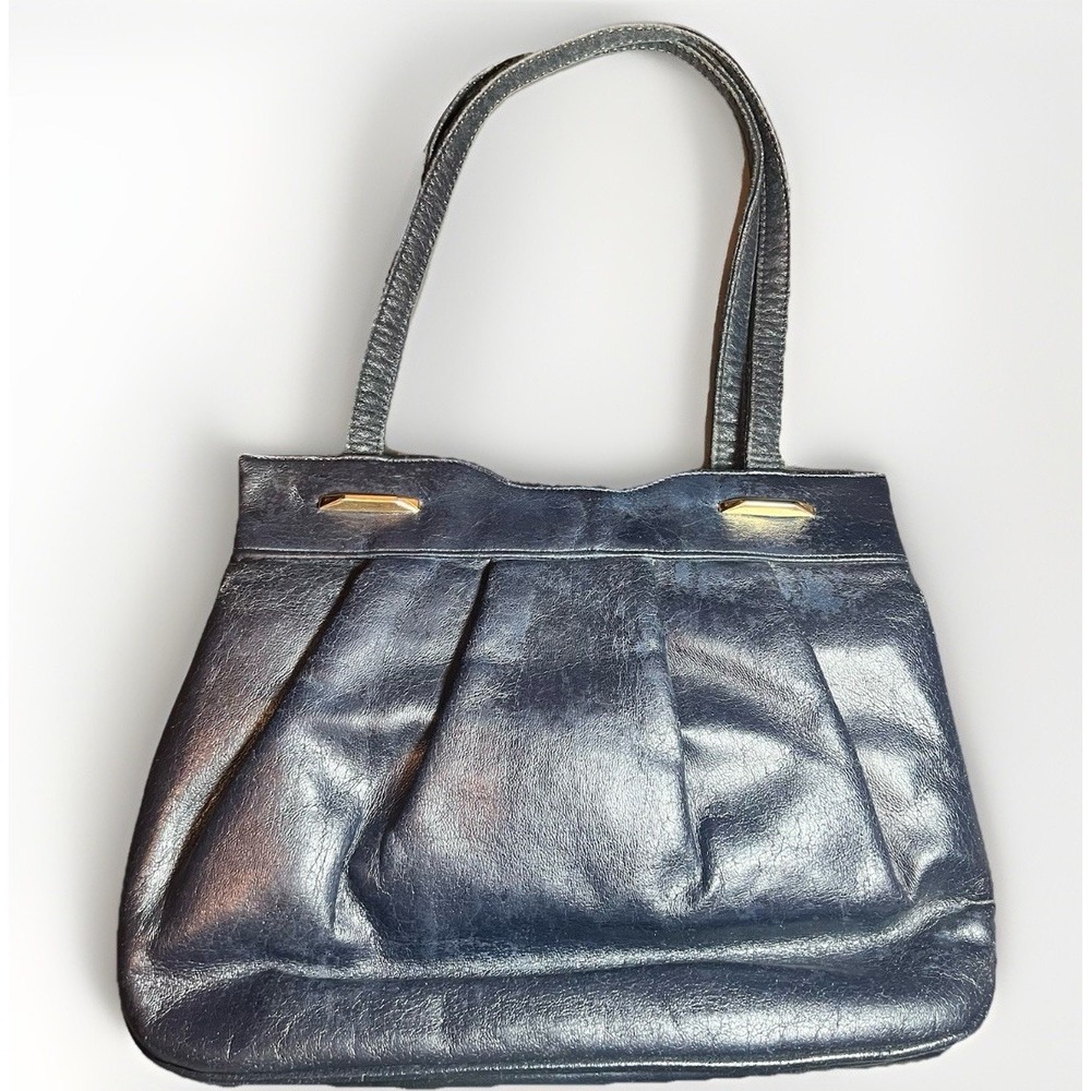 Vintage Navy Blue Leather Structured Handbag Gold Frame Clasp